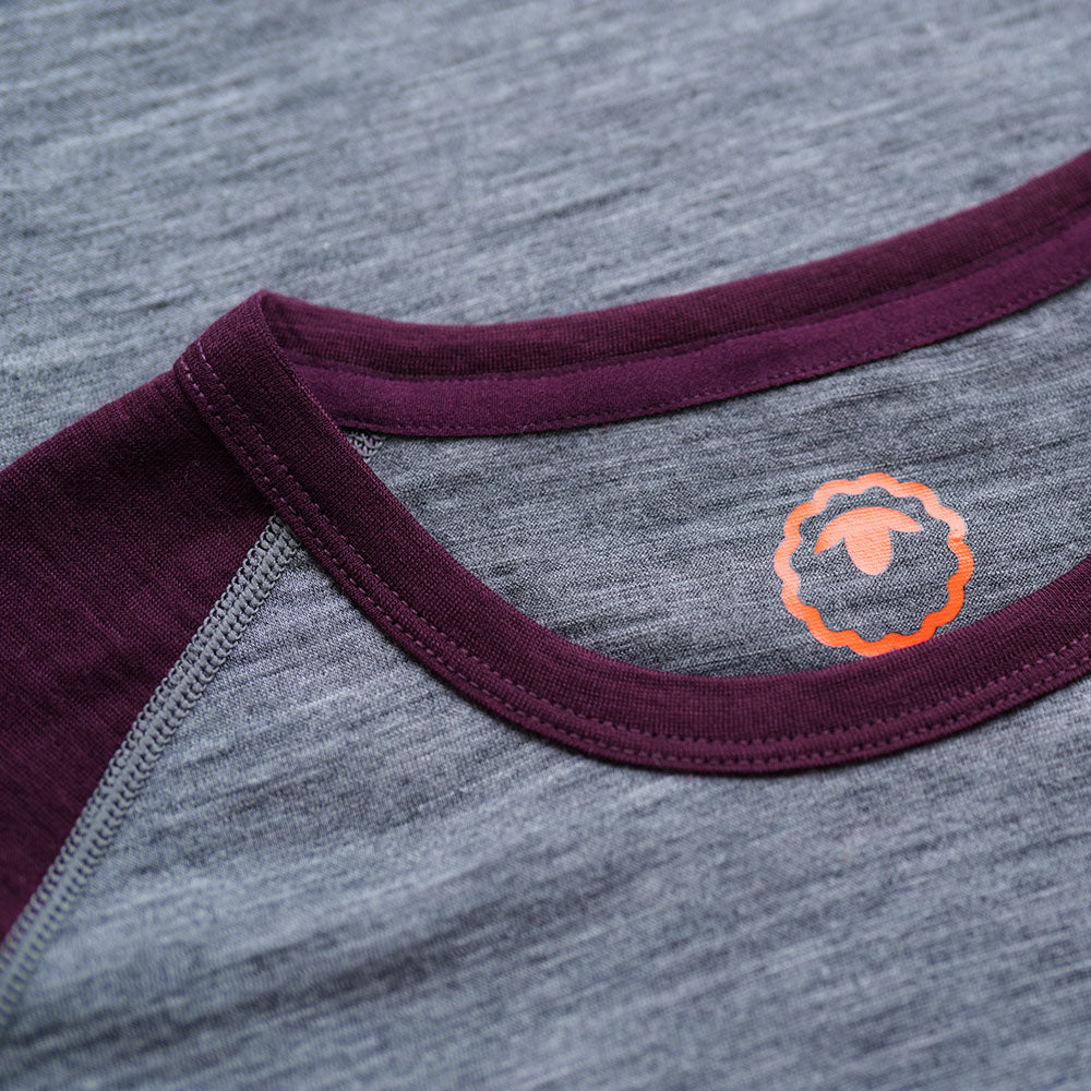 Isobaa | Mens Merino 150 Raglan Baseball Tee (Charcoal/Wine) | Layer for adventure with Isobaa's superfine Merino Tee.