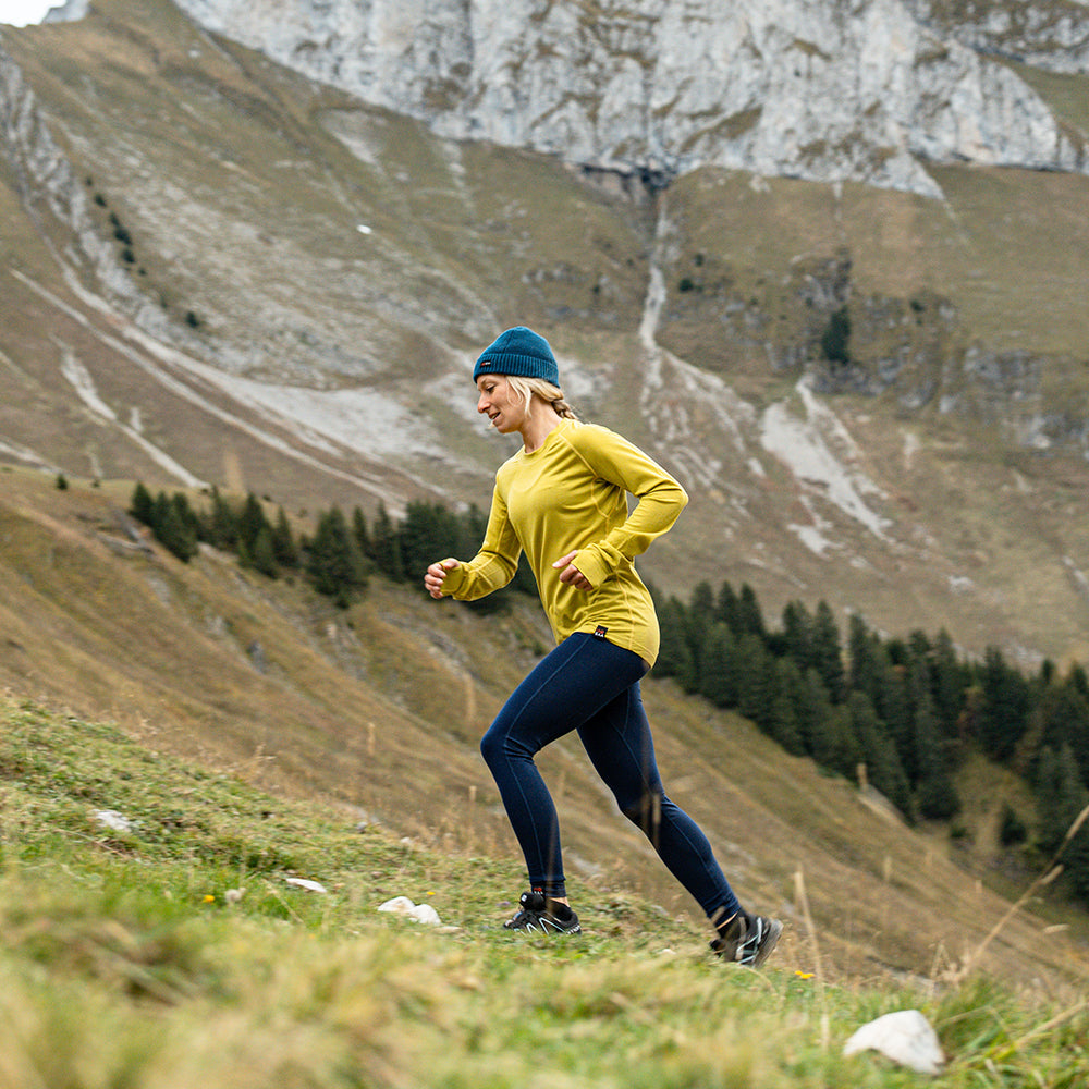Isobaa | Womens 160 Merino Active Long Sleeve Crew (Lime) | Elevate your active wardrobe with our Women's 160 Merino Active Long Sleeve Crew, expertly crafted from 160g 18.5 micron superfine merino wool | Model: Estelle