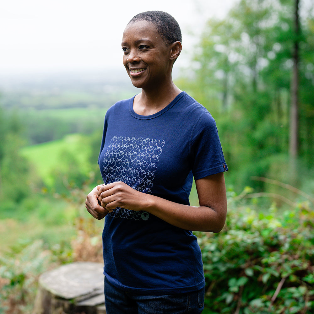 Isobaa | Womens Merino 150 Odd One Out Tee (Navy/Sky) | Gear up for everyday adventures, big and small, with Isobaa's superfine Merino Tee. | Model: Yolisa
