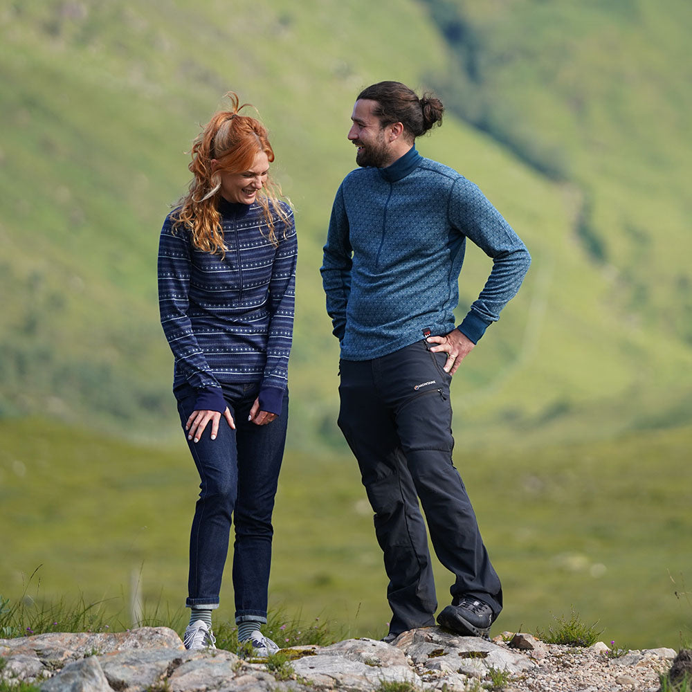 Womens Merino Blend 250 Fairisle Jacquard Long Sleeve Zip Neck (Navy/Denim/Agave) | Model: Emma
