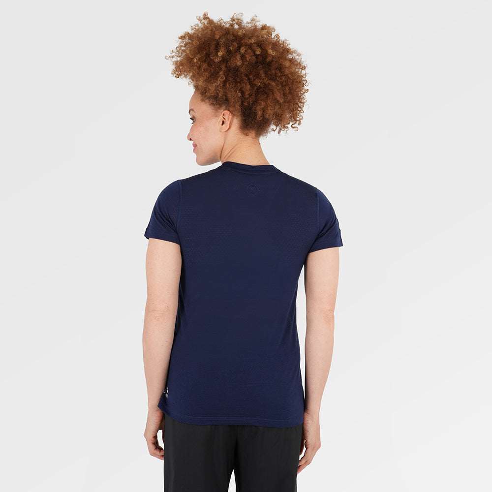 Womens Merino 150 Active Blend Short Sleeve Crew (Navy) | Model: Chi Chi