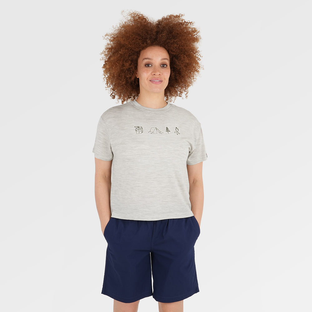 Womens Merino 150 Camping Relaxed Tee (Jute/Olive) | Model: Chi Chi