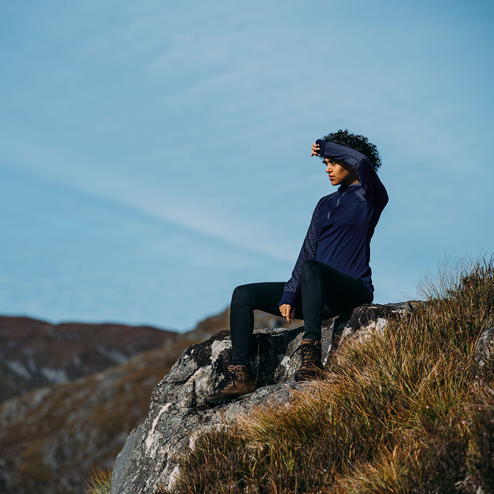 Isobaa | Womens Merino 200 Zip Neck Hoodie (Stripe Navy/Denim) | The ultimate 200gm Merino wool hoodie. | Model: Micah
