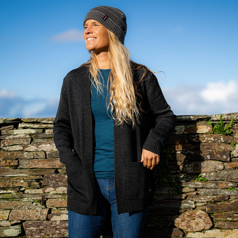 Isobaa | Womens Merino Open Cardigan (Black) | Wrap yourself in pure comfort with Isobaa's extra-fine Merino cardigan. | Model: Amy