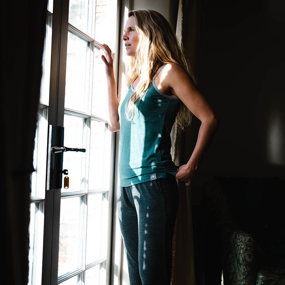 Isobaa | Womens Merino Blend 160 PJ Cami (Sage Melange) | Indulge in cosy evenings and restful nights with Isobaa's Merino blend cami. | Model: Amy