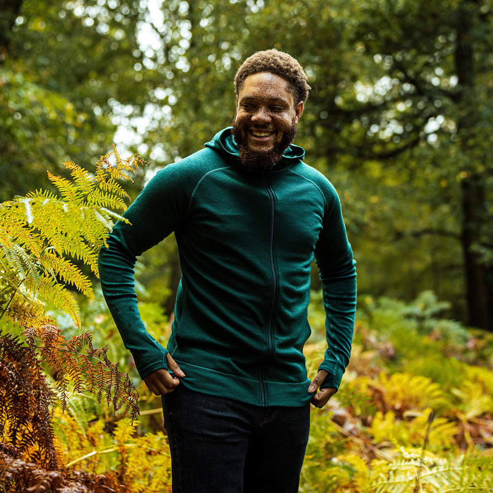 Isobaa | Mens IsoSoft 240 Hoodie (Emerald) | For chilly trailheads, post-workout cool-downs, and cosy weekends. | Model: Shaquille