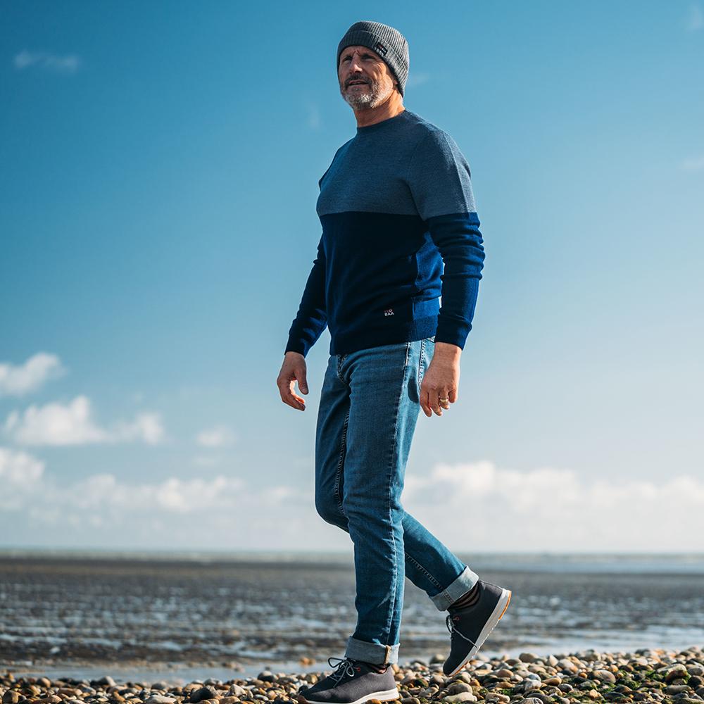 Isobaa | Mens Merino Honeycomb Sweater (Navy/Denim) | The perfect blend of function and elegance in our extrafine 12-gauge Merino wool crew neck sweater. | Model: Simon