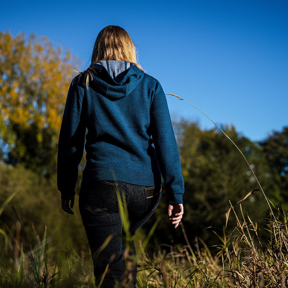 Isobaa | Womens LUX Hoodie (Petrol/Sky) | Discover the pinnacle of comfort with Isobaa's 100% Merino double-knit hoodie. | Model: Natasha