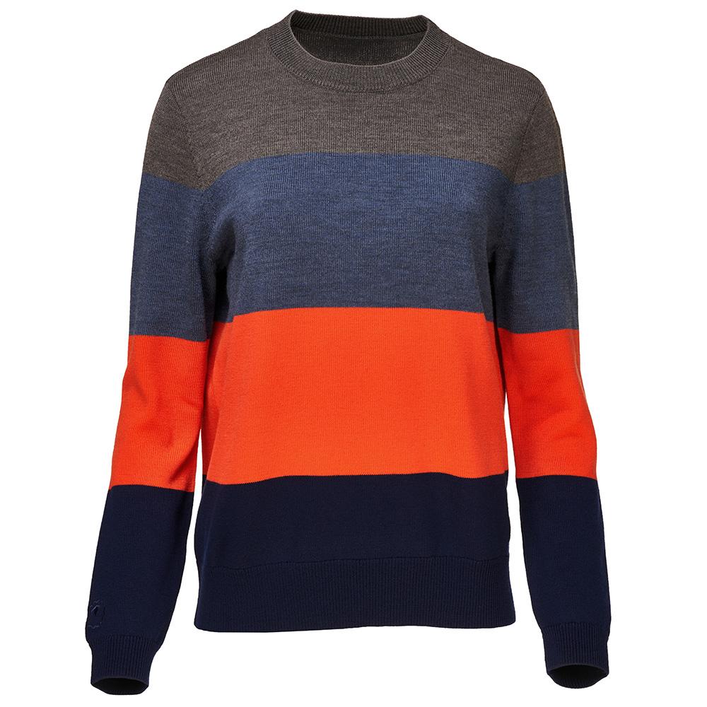 Isobaa | Womens Merino Block Stripe Sweater (Smoke/Denim/Orange/Navy) | Discover effortless style and exceptional comfort with our extrafine 9-gauge Merino wool crew neck sweater.