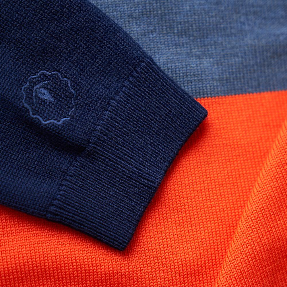 Isobaa | Womens Merino Block Stripe Sweater (Smoke/Denim/Orange/Navy) | Discover effortless style and exceptional comfort with our extrafine 9-gauge Merino wool crew neck sweater.