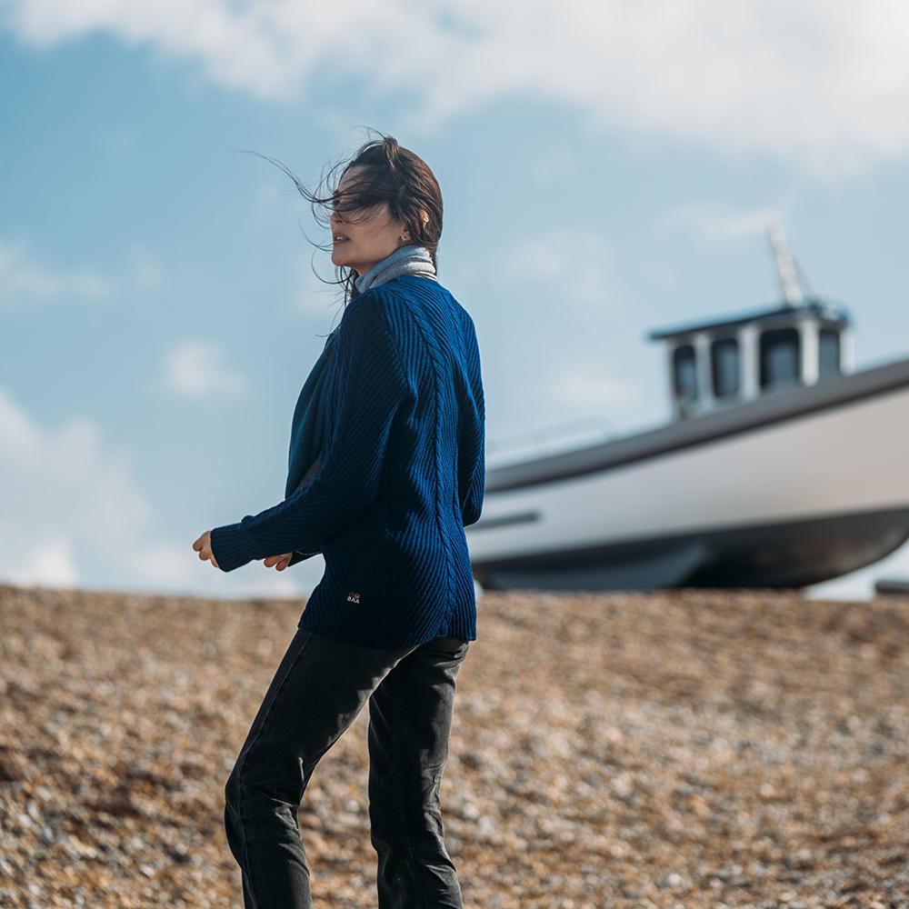 Isobaa | Womens Merino Cable Sweater (Navy) | Experience timeless style and outdoor-ready performance with our Merino wool crew neck sweater. | Model: Jessica