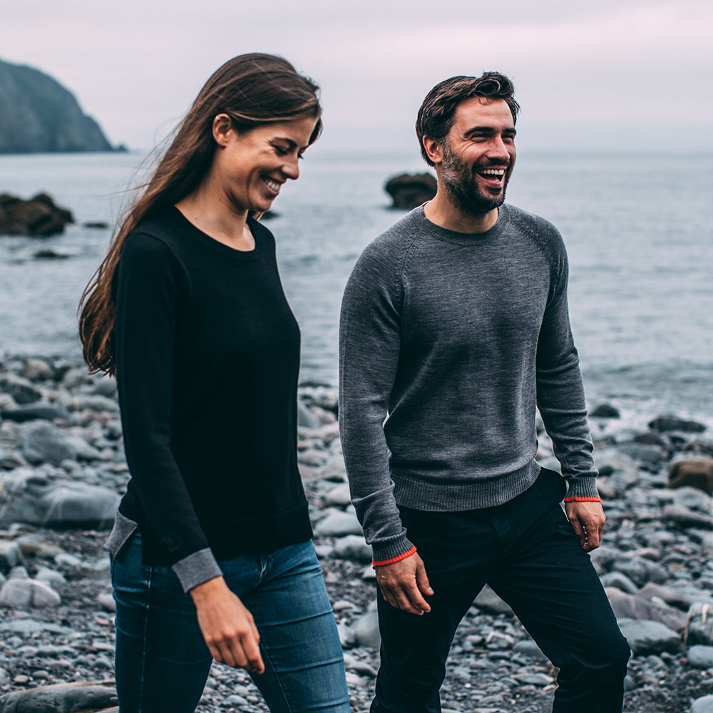 Isobaa | Mens Merino Crew Sweater (Charcoal/Orange) | Everyday warmth and comfort with our superfine 12-gauge Merino wool crew neck sweater. | Model: Duncan