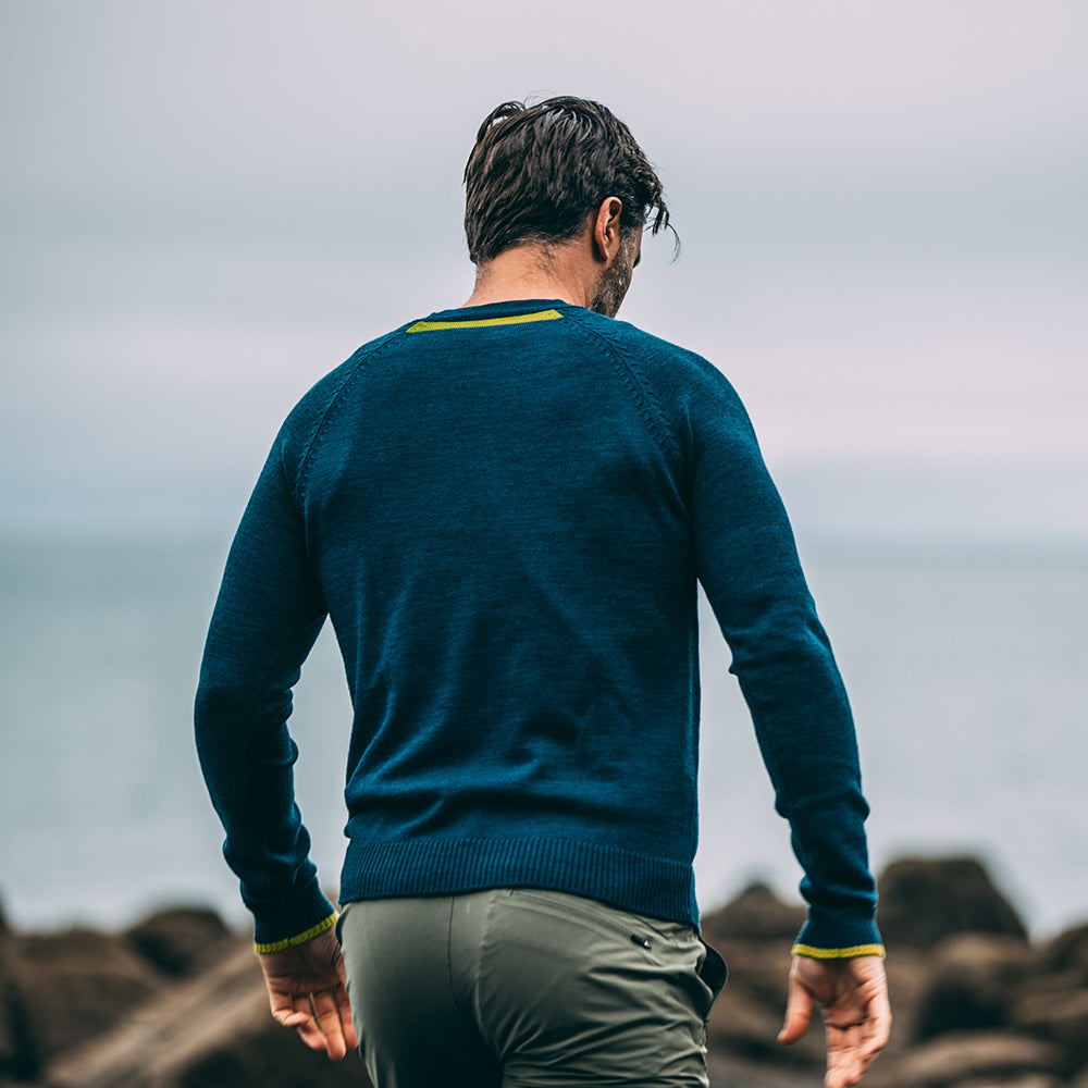 Isobaa | Mens Merino Crew Sweater (Petrol/Lime) | Everyday warmth and comfort with our superfine 12-gauge Merino wool crew neck sweater. | Model: Duncan