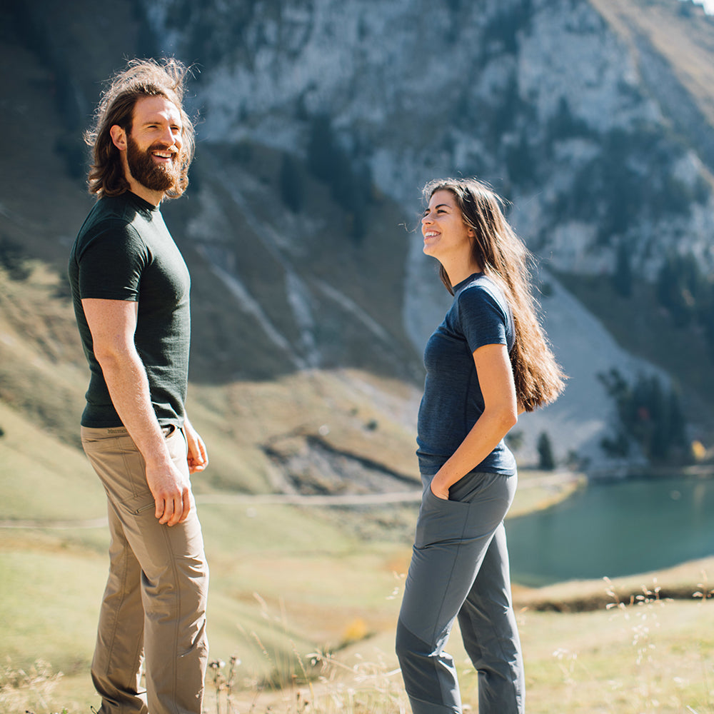Isobaa | Womens Merino 150 Short Sleeve Crew (Denim) | Gear up for performance and comfort with Isobaa's technical Merino short-sleeved top. | Model: Jess