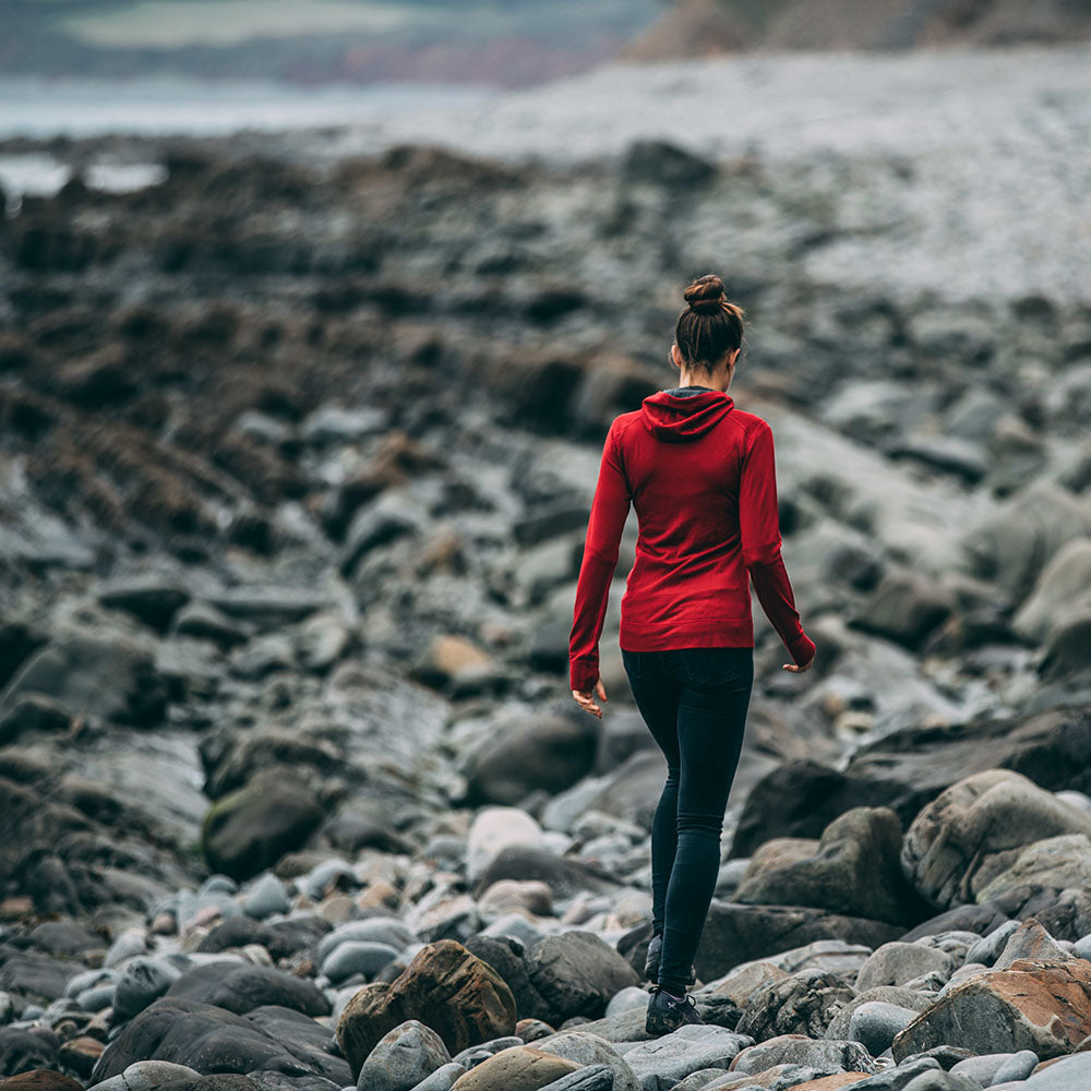 Isobaa | Womens Merino 260 Casual Hoodie (Red) | The best in warmth and versatility: Isobaa 260gm midweight Merino wool hoodie. | Model: Jess