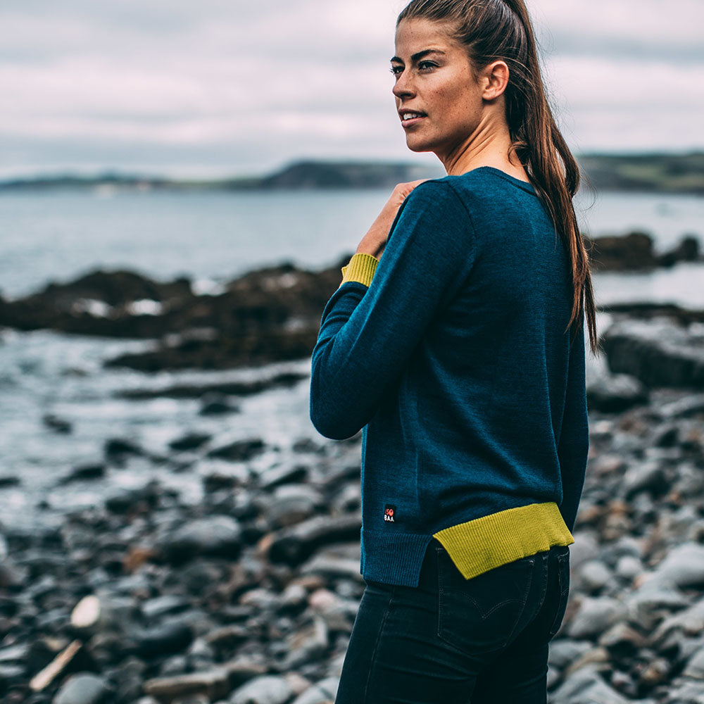 Isobaa | Womens Merino Crew Sweater (Petrol/Lime) | Everyday warmth and comfort with our superfine 12-gauge Merino wool crew neck sweater. | Model: Jess