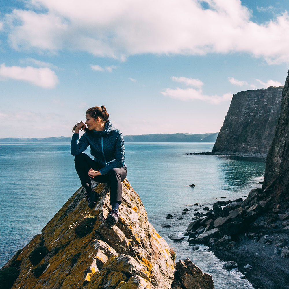 Isobaa | Womens Merino Wool Insulated Jacket (Petrol/Sky) | Innovative and sustainable design with our Merino jacket. | Model: Jess