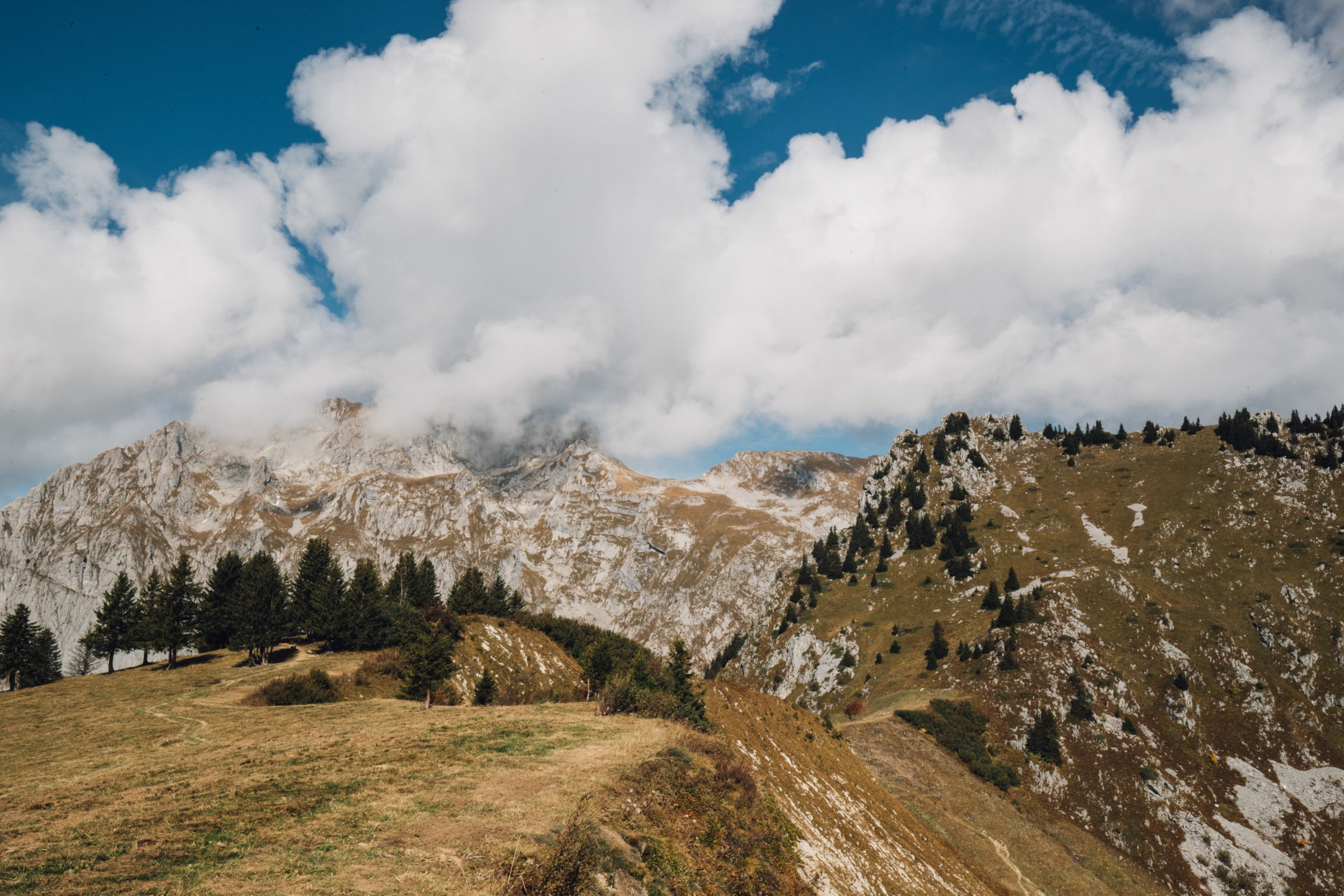 Eine bergige Landschaft mit steinigem Vordergrund und wolkenverhülltem Gipfel, umgeben von Kiefern an einem sonnigen Tag.