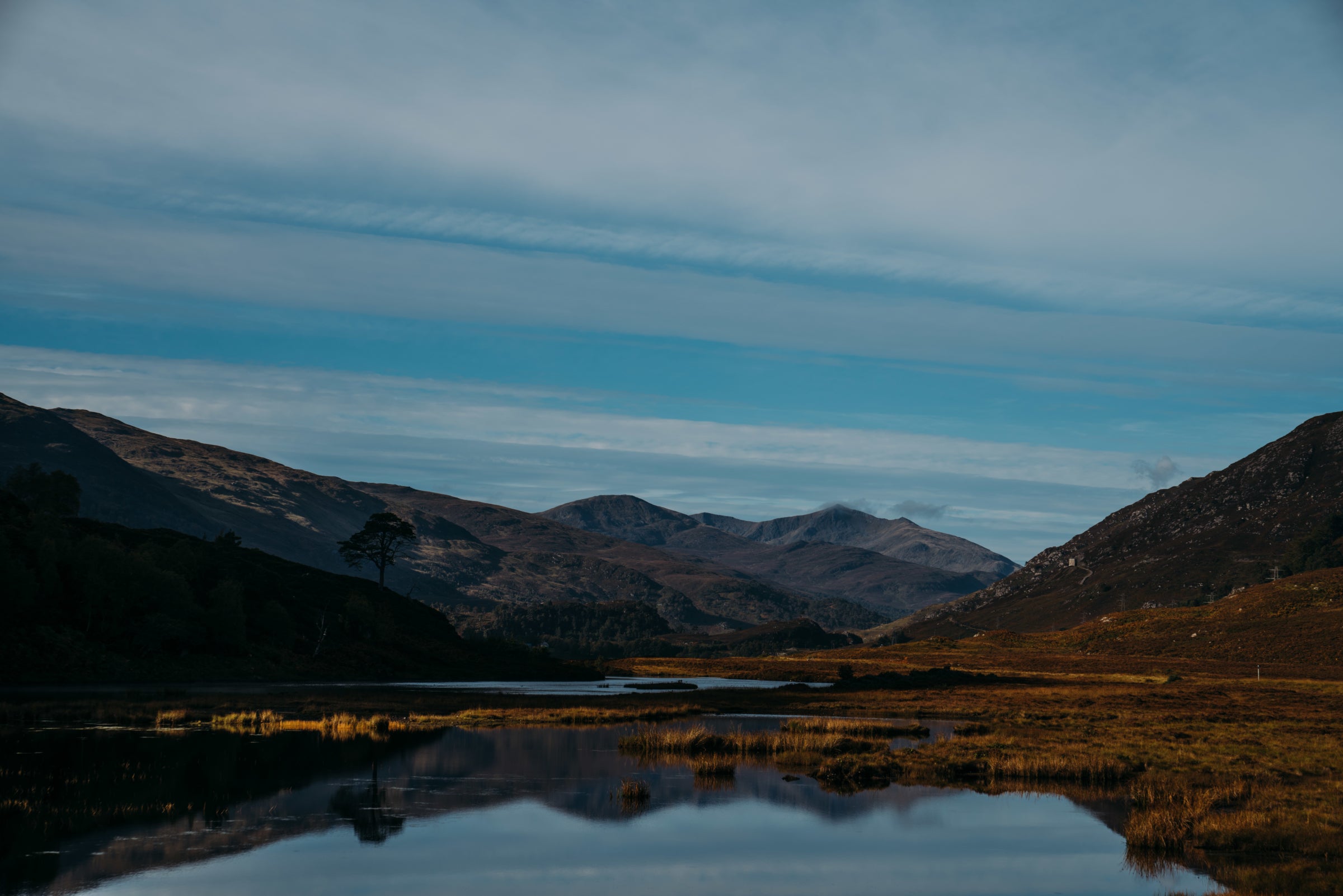 Ein ruhiger See spiegelt Berge und blauen Himmel mit feinen Wolken wider, umgeben von Heidekraut und Gräsern.