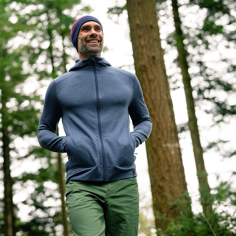 Isobaa | Mens Merino 260 Casual Hoodie (Denim) | The best in warmth and versatility: Isobaa 260gm midweight Merino wool hoodie. | Model: Ben
