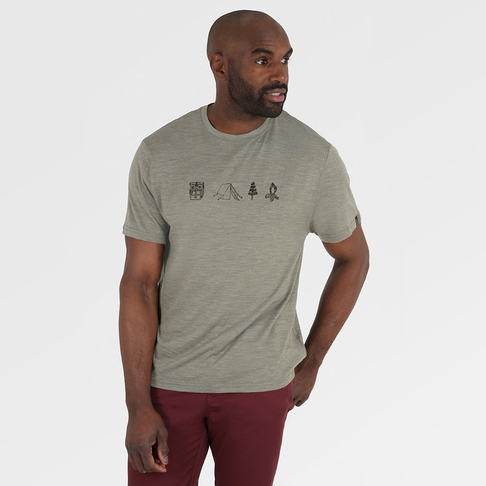 Mens Merino 150 Camping Relaxed Tee (Olive/Chocolate) | Model: Michael