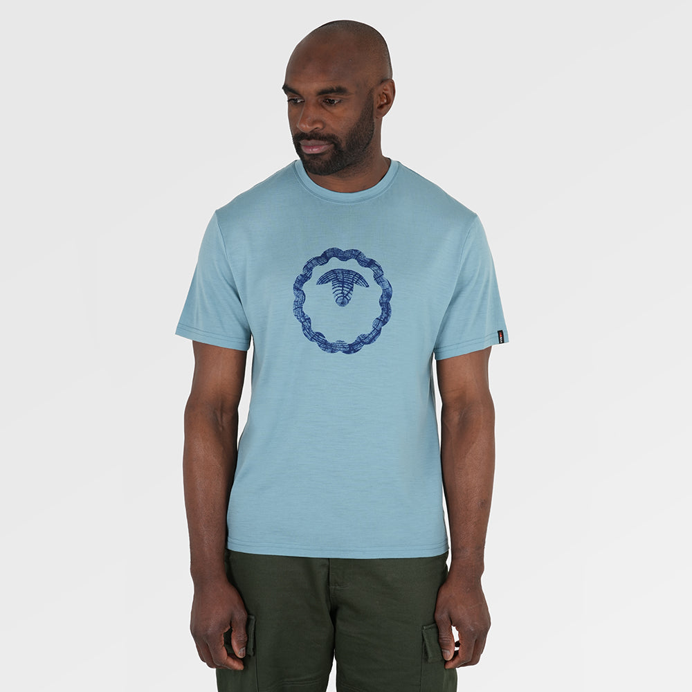 Mens Merino 150 Emblem Relaxed Tee (Lagoon/Navy) | Model: Michael