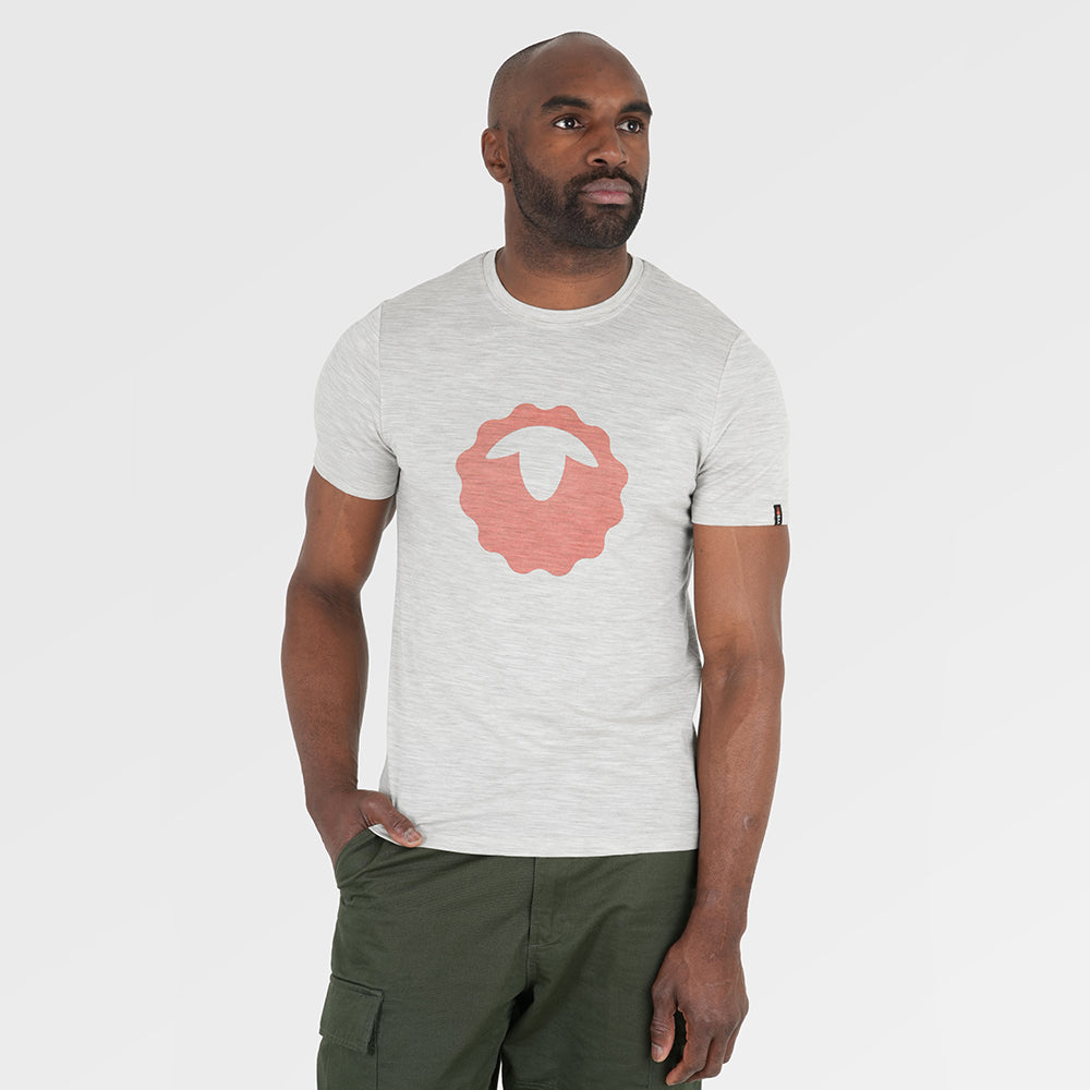 Mens Merino 150 Emblem Tee (Jute/Brown) | Model: Michael