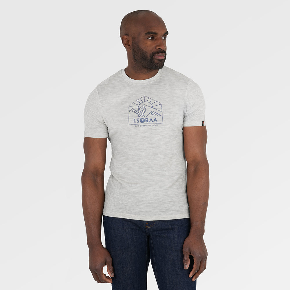 Mens Merino 150 Sketched Sunset Tee (Jute/Denim) | Model: Michael