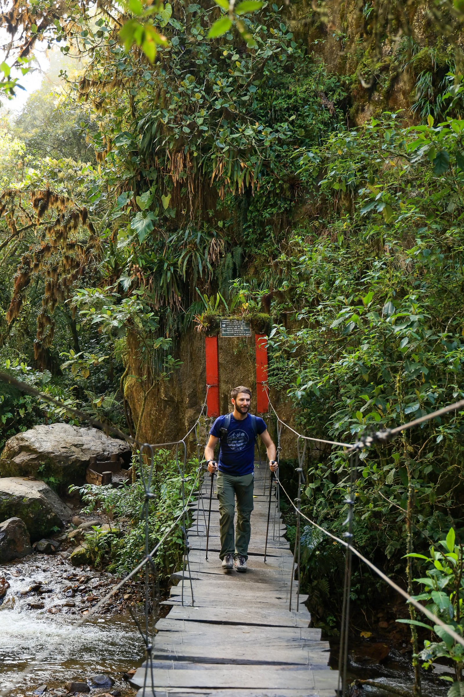 Baptiste auf einer Hängebrücke – Wandern in einer Dschungelkulisse.