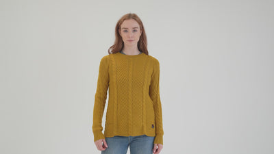 Womens Merino Cable Sweater (Mustard) | align: 45% 50% | Model: Sophie
