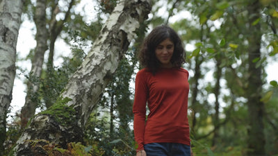 Isobaa | Womens IsoSoft 180 Long Sleeve Crew (Burnt Orange) | The ultimate adventure top. | align: 60% 50% | Model: Clémentine