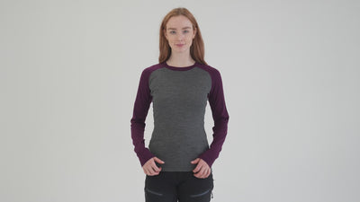 Womens Merino 180 Baseball Crew (Smoke/Wine) | Model: Sophie