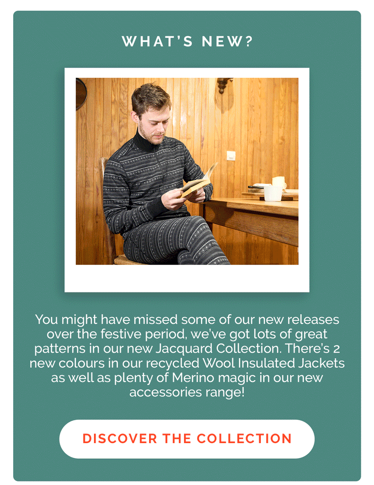 Man reading indoors wearing patterned merino. Text highlights new Isobaa releases and invites discovering the collection.