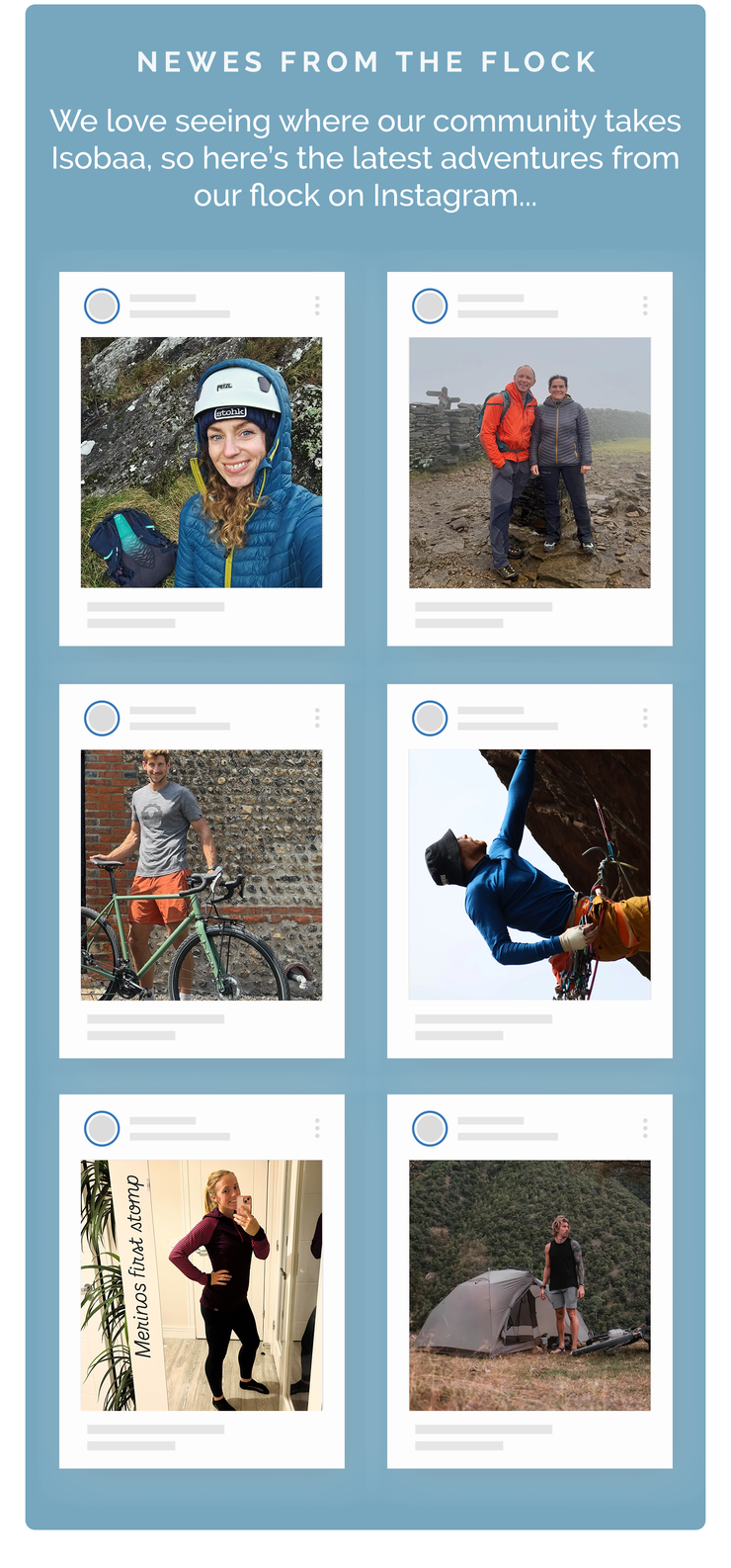 Community adventure photos. Text shares latest journeys from the Isobaa community on Instagram.