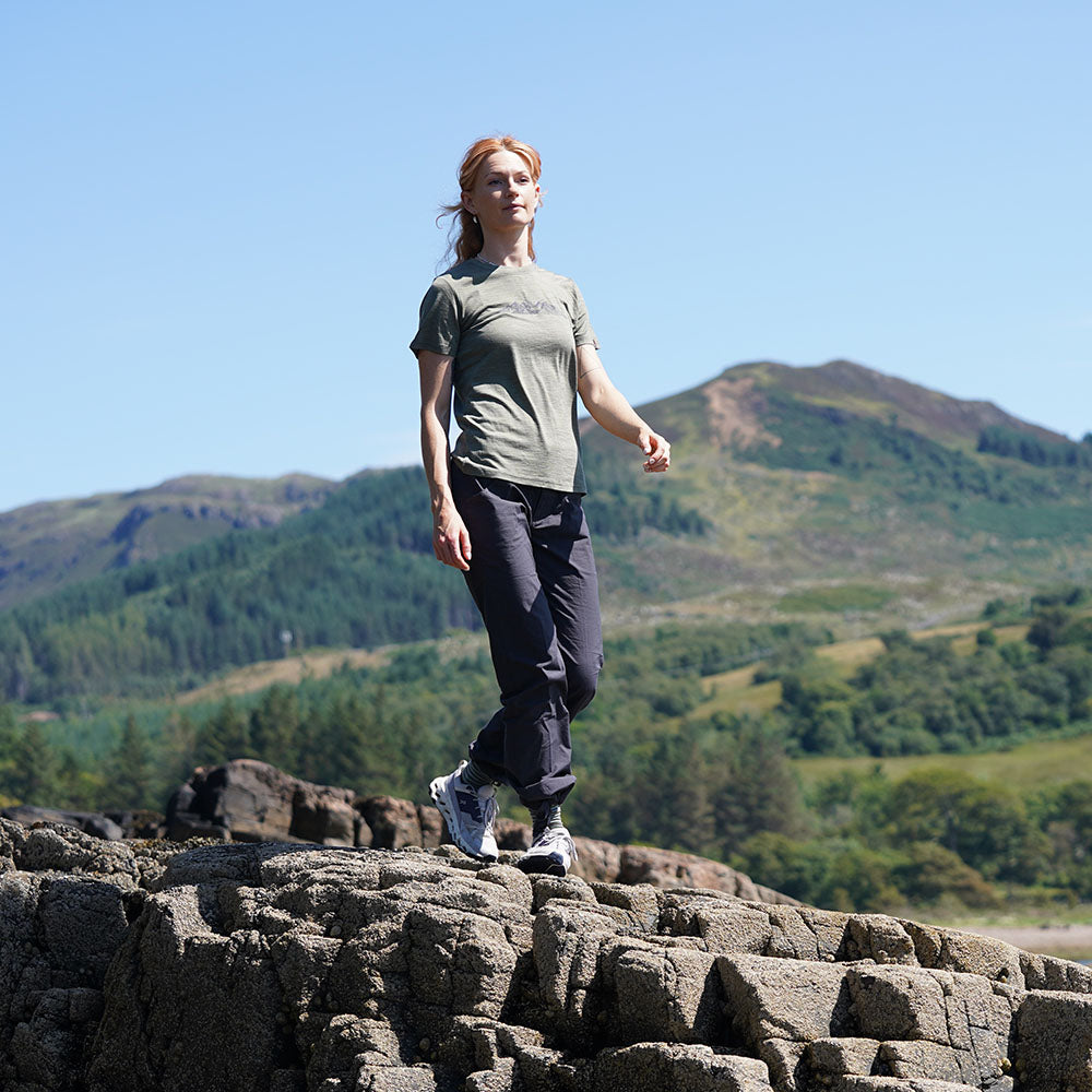 Womens Merino 150 Peaks Short Sleeve Tee (Olive Melange/Navy)