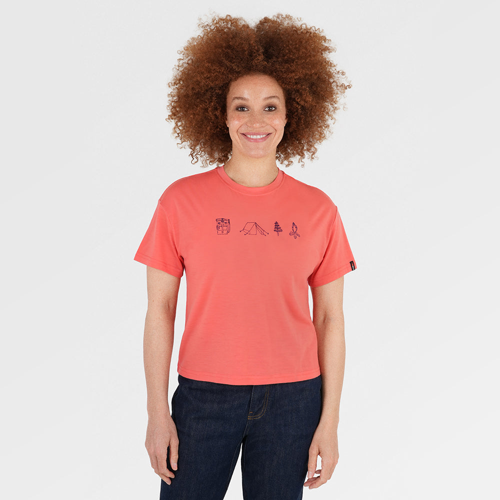 Womens Merino 150 Camping Relaxed Tee (Coral/Wine) | Model: Chi Chi