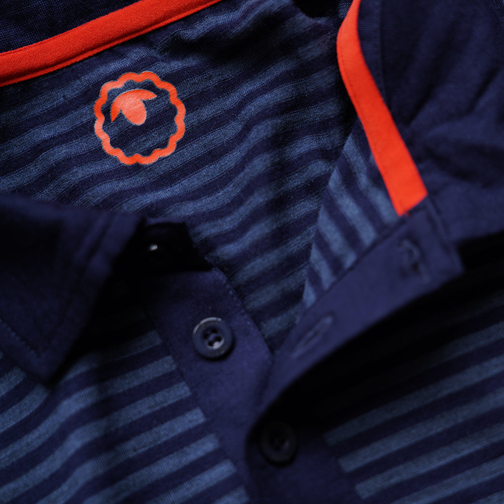 Isobaa | Mens Merino 180 Short Sleeve Polo Shirt (Stripe Navy/Denim) | The ultimate Merino wool polo  – perfect for weekend hikes, bike commutes, post-adventure coffee stops, office days, and everything in-between.