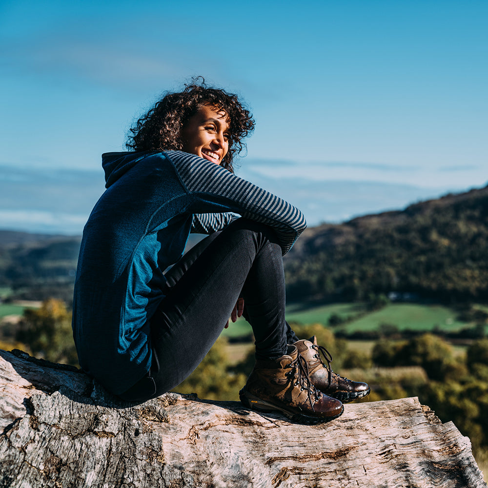 Isobaa | Womens Merino 200 Zip Neck Hoodie (Stripe Petrol/Charcoal) | The ultimate 200gm Merino wool hoodie. | Model: Micah