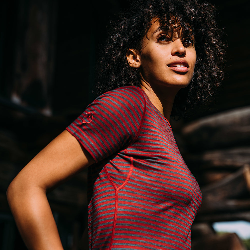 Isobaa | Womens Merino 150 Short Sleeve Crew (Stripe Red/Smoke) | Gear up for performance and comfort with Isobaa's technical Merino short-sleeved top. | Model: Micah