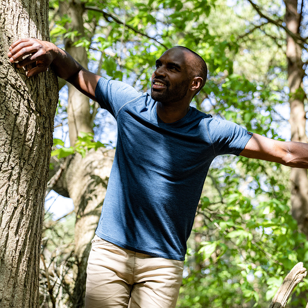 Isobaa | Mens Merino 150 V-Neck Tee (Petrol) | Embark on new adventures with Isobaa's superfine Merino V-neck Tee. | Model: Michael