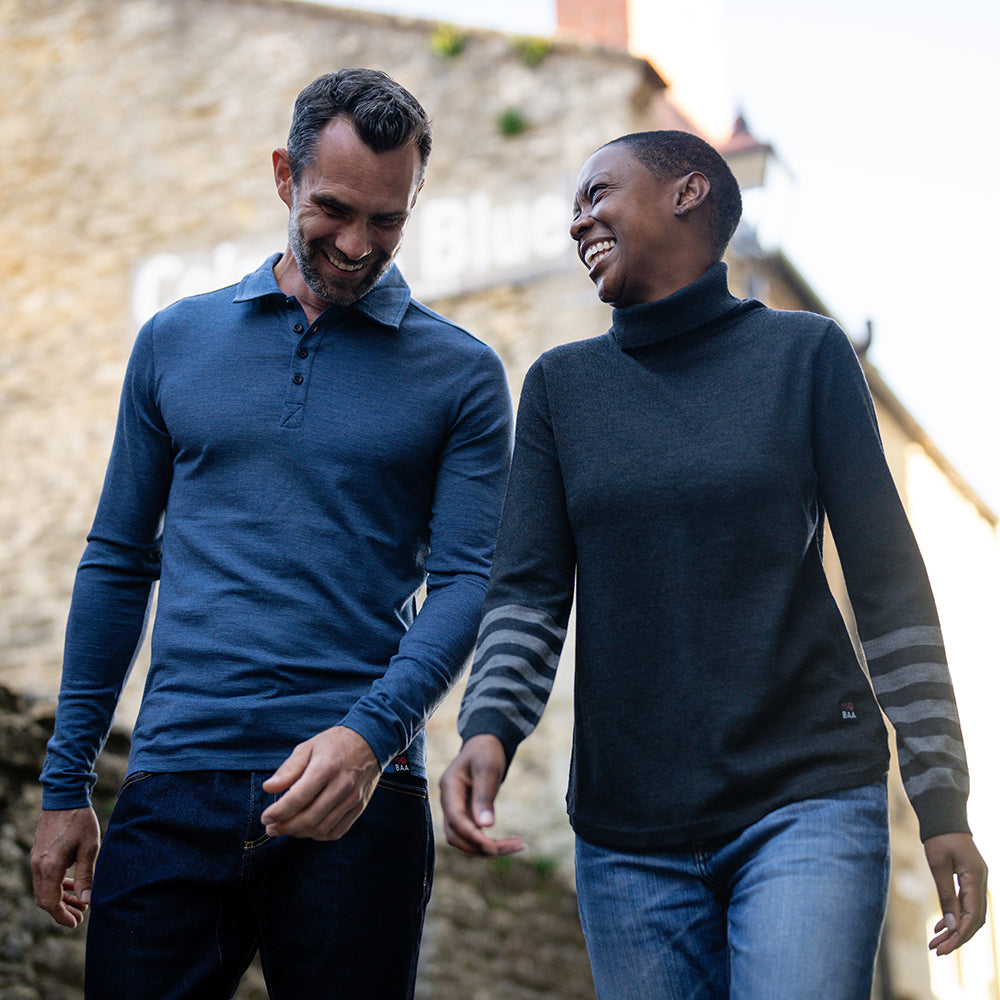 Isobaa | Mens Merino 200 Long Sleeve Polo Shirt (Denim/Navy) | Discover unmatched comfort with our 200gm Merino wool polo. | Model: Ben
