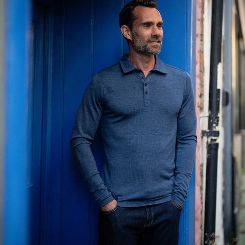 Polo Merino 200 manches longues (Denim/Navy)