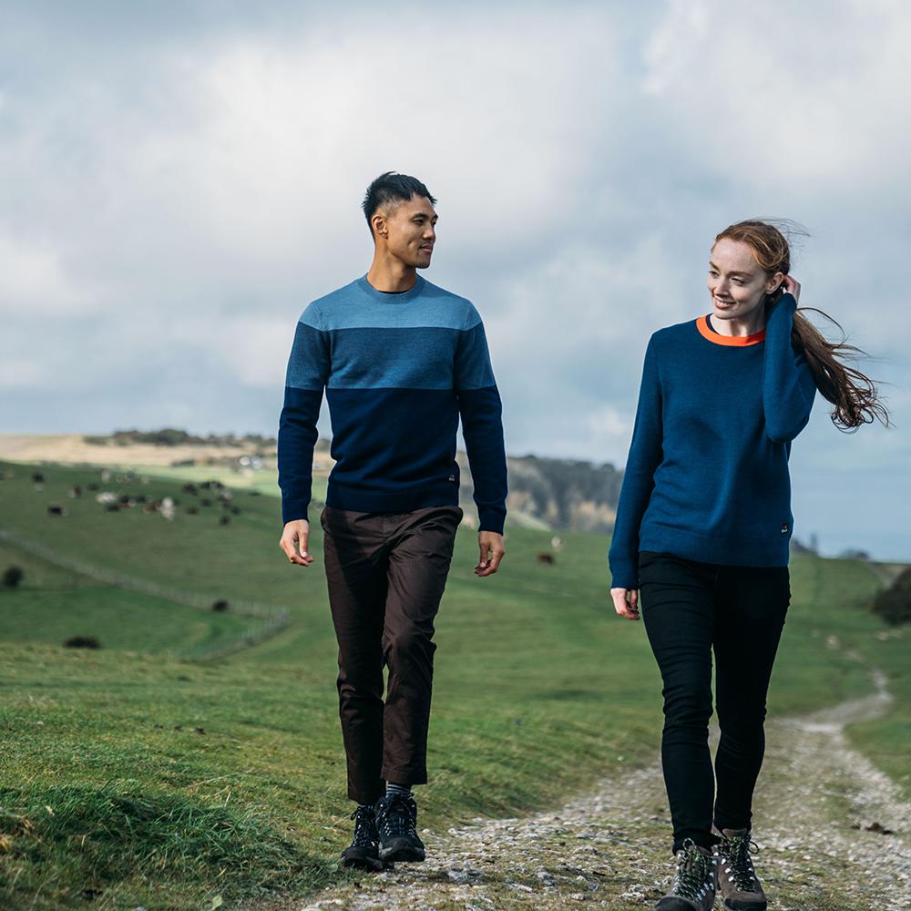 Isobaa | Mens Merino Block Stripe Sweater (Navy/Denim/Sky) | Discover effortless style and exceptional comfort with our  extrafine 9-gauge Merino wool crew neck sweater. | Model: Donald