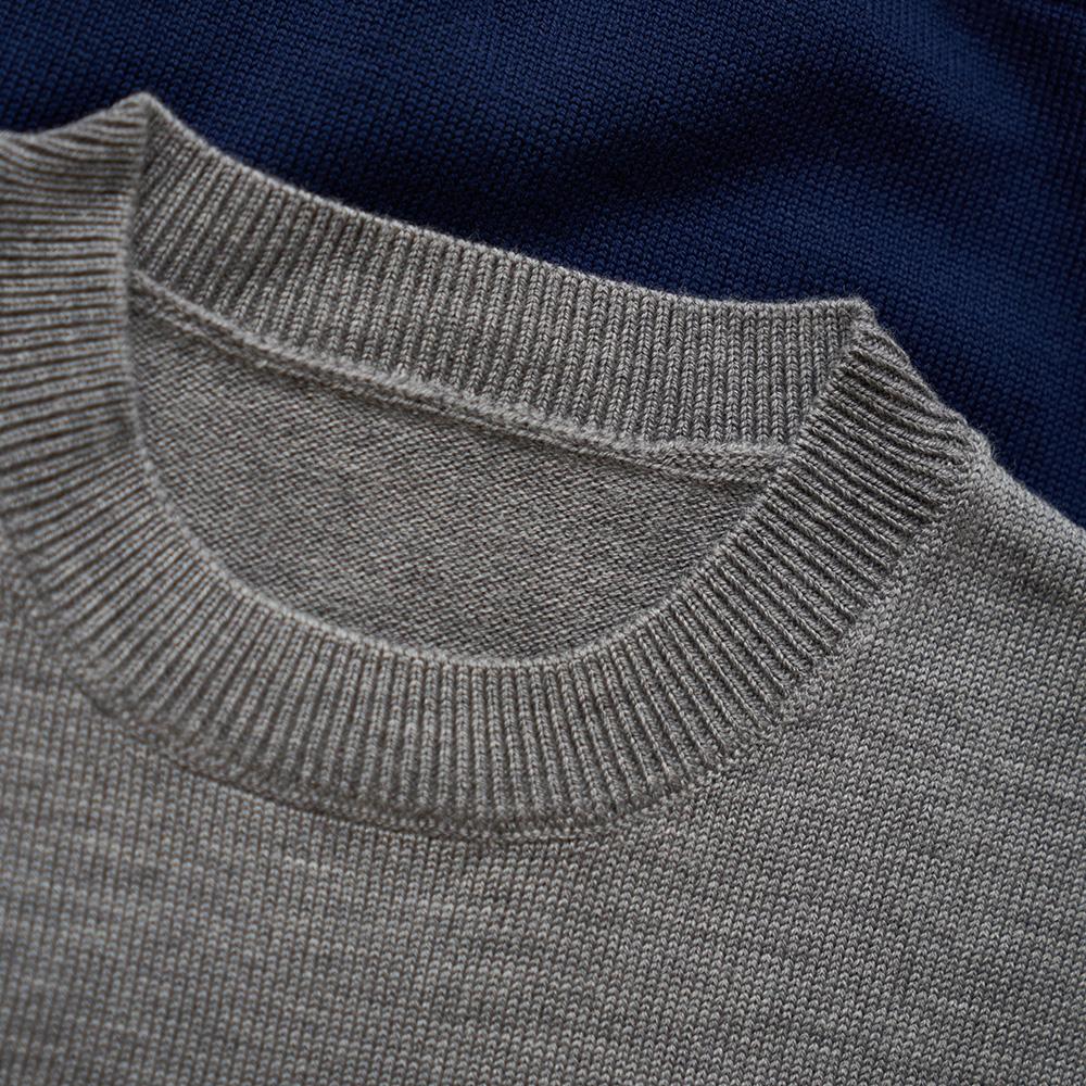Isobaa | Mens Merino Block Stripe Sweater (Navy/Mustard/Charcoal) | Discover effortless style and exceptional comfort with our  extrafine 9-gauge Merino wool crew neck sweater.