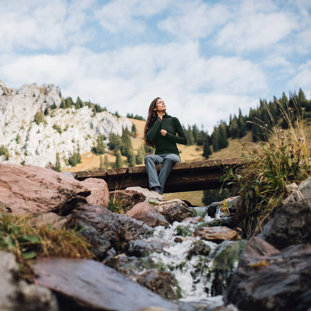 Isobaa | Womens Merino 200 Zip Neck Hoodie (Forest) | The ultimate 200gm Merino wool hoodie. | Model: Jess