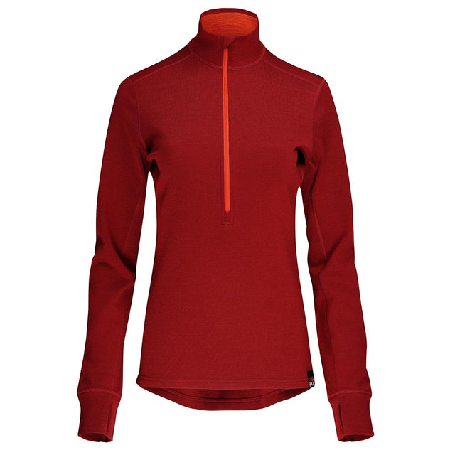 Isobaa | Womens Merino 320 Long Sleeve Half Zip (Red/Orange) | Conquer cold trails, blustery commutes, and unpredictable weather with the ultimate Merino wool half-zip top.
