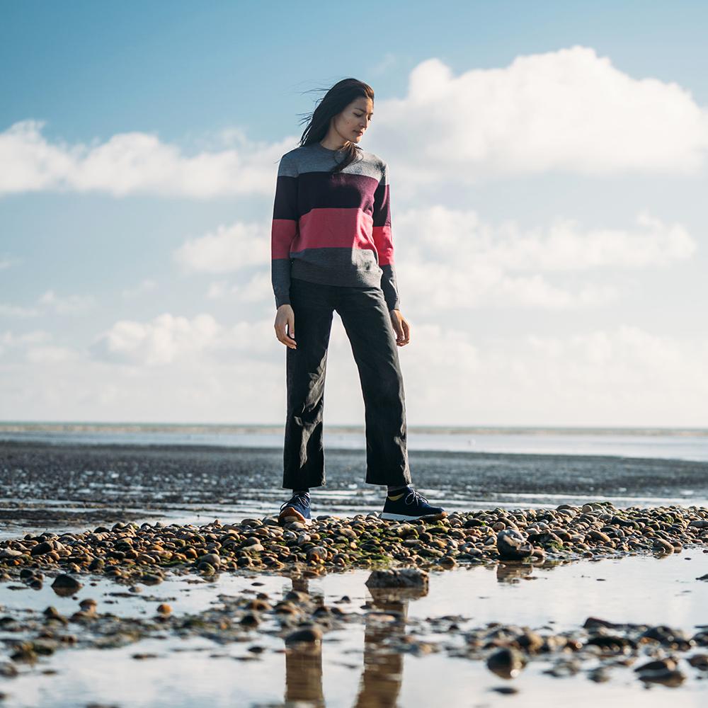 Isobaa | Womens Merino Block Stripe Sweater (Charcoal/Wine/Fuchsia/Smoke) | Discover effortless style and exceptional comfort with our  extrafine 9-gauge Merino wool crew neck sweater. | Model: Jessica