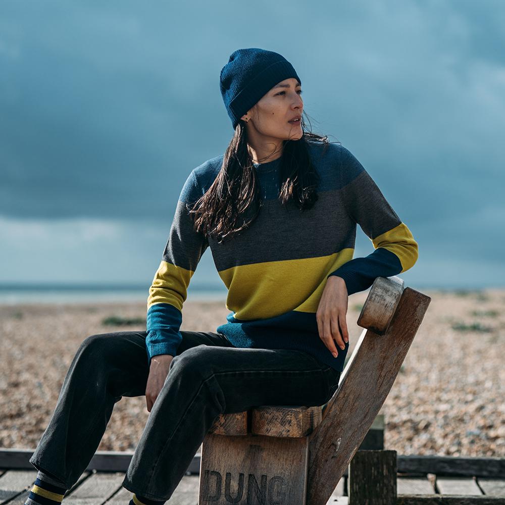 Isobaa | Womens Merino Block Stripe Sweater (Denim/Smoke/Lime/Petrol) | Discover effortless style and exceptional comfort with our  extrafine 9-gauge Merino wool crew neck sweater. | Model: Jessica