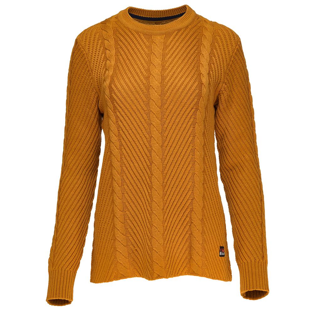 Isobaa | Womens Merino Cable Sweater (Mustard) | Experience timeless style and outdoor-ready performance with our Merino wool crew neck sweater.