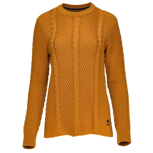 Isobaa | Womens Merino Cable Sweater (Mustard) | Experience timeless style and outdoor-ready performance with our Merino wool crew neck sweater.